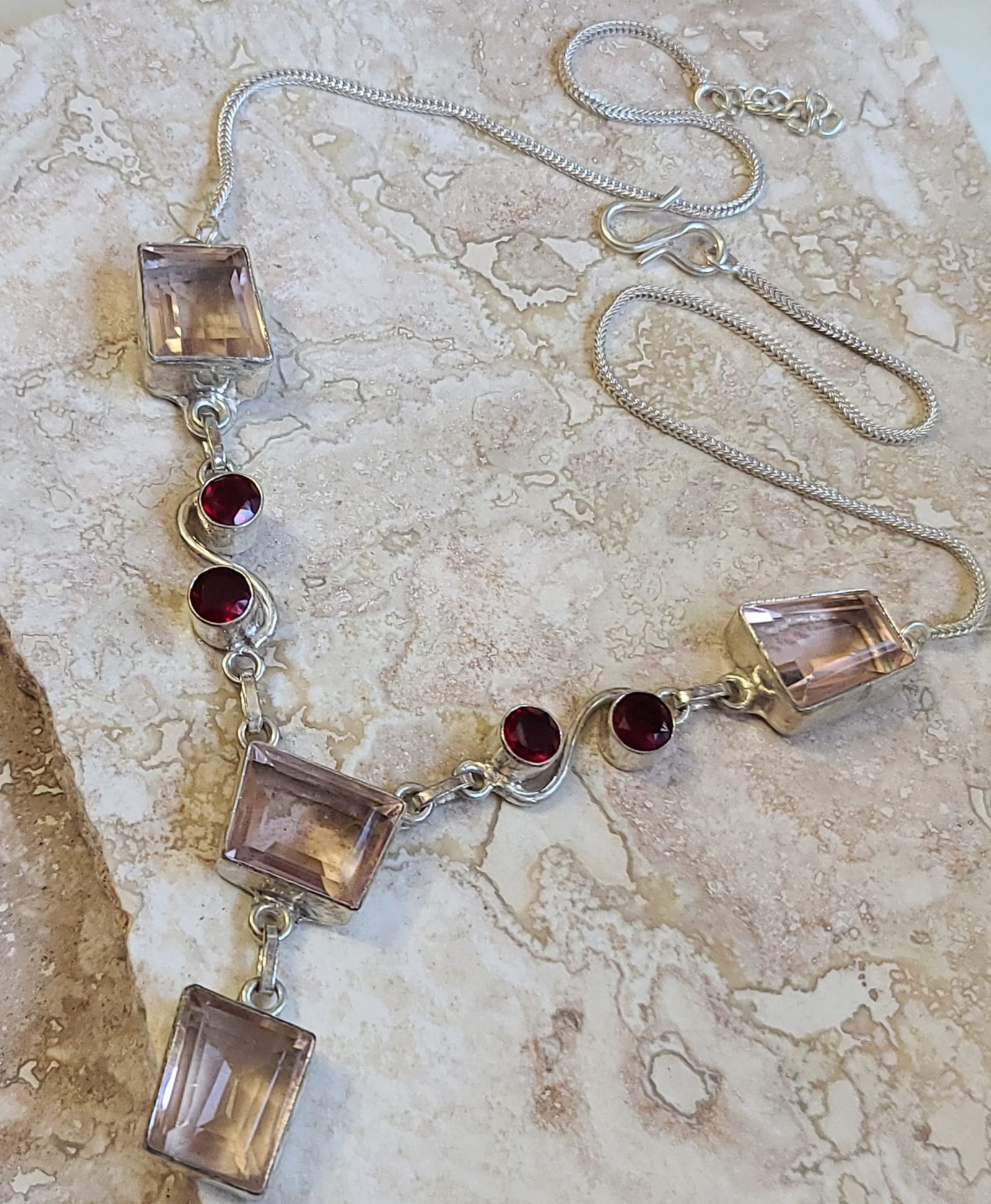 Pink & Garnet Quartz Gemstones in 925 Sterling Silver Necklace