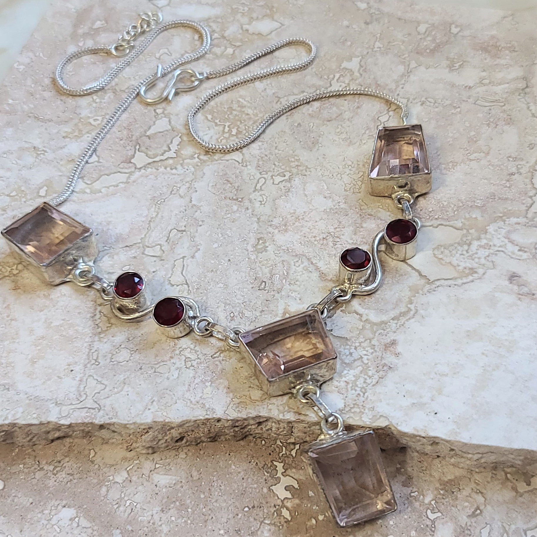 Pink & Garnet Quartz Gemstones in 925 Sterling Silver Necklace