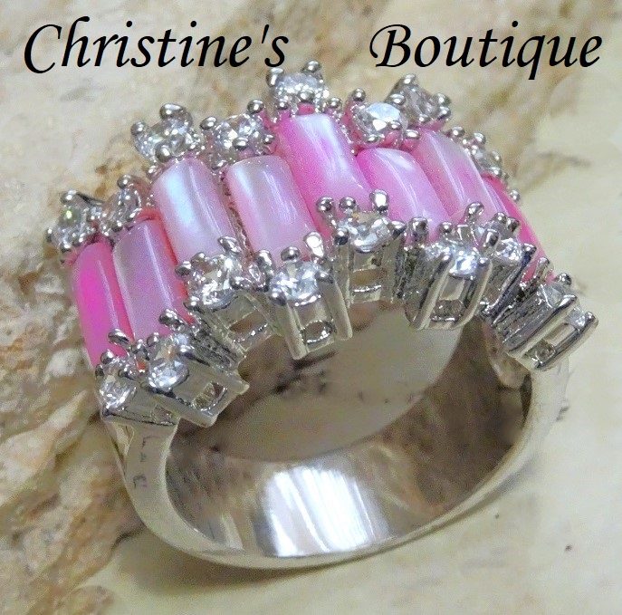 Pink shell ring with cubic zirconia stones, size 8