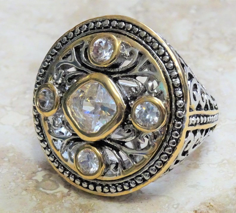 Fashion Oxidized Silver,Gold & CZ's Dome Style Ring Size 8 - Click Image to Close