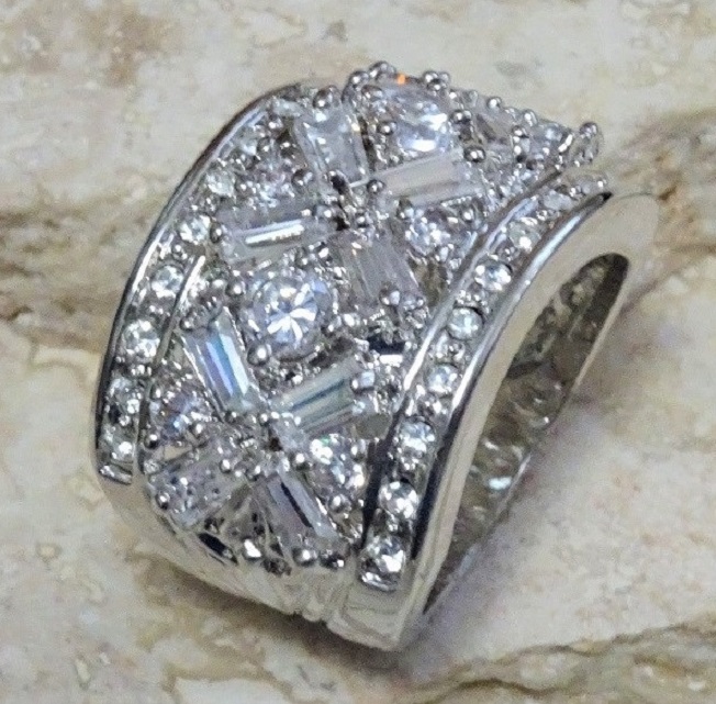 Rhodium Plated & Cubic Zirconia Silver Band Ring Size 6 - Click Image to Close