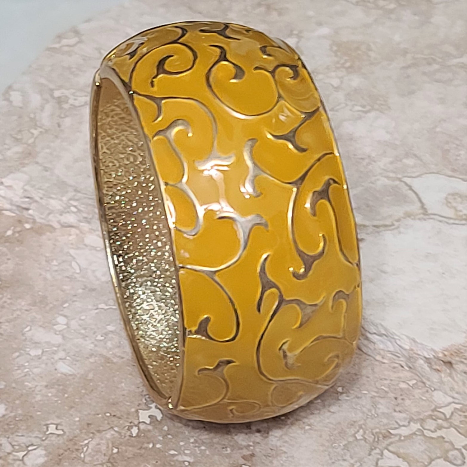 Clamp Style Fashion Bracelet Yellow Enamel & Gold Scroll