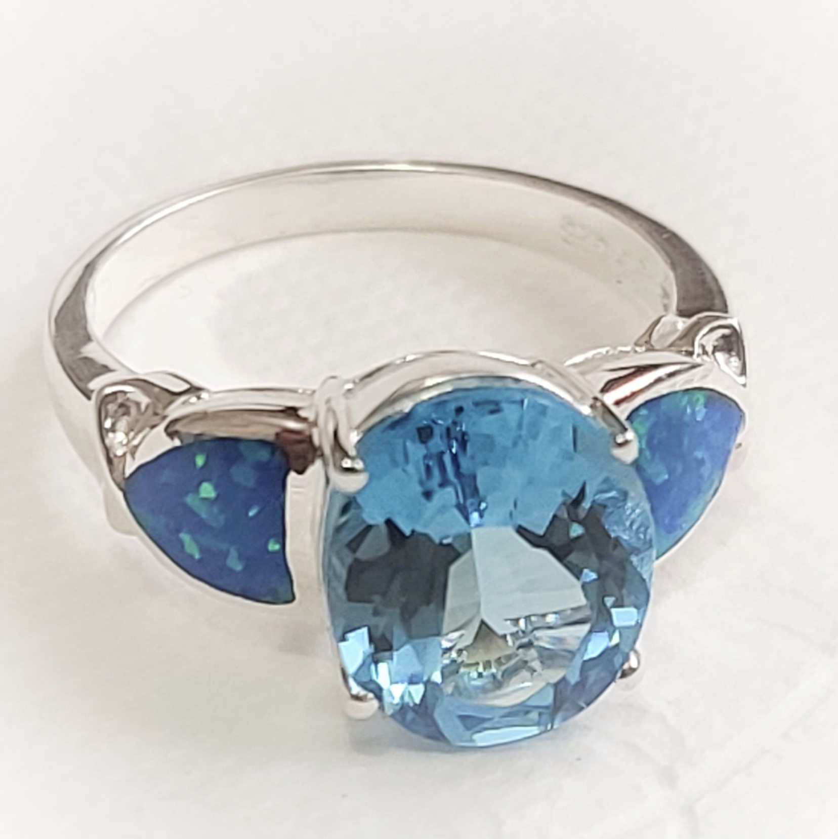 Lab Opal & Blue Topaz Gemstone Set in 925 SS Ring SZ 8