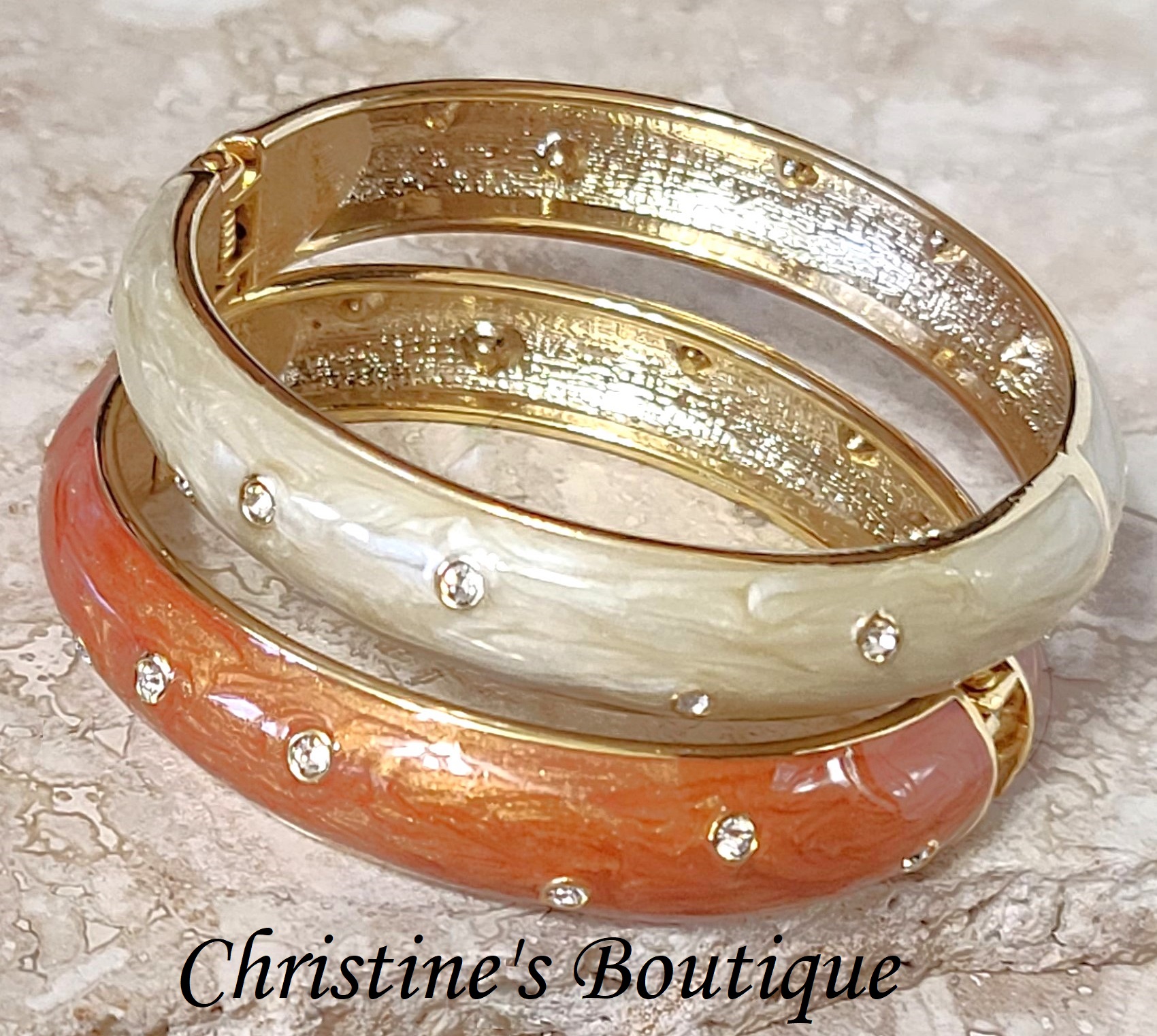 Enamel bracelets with cubic zirconia, oval bangle, set of 2, orange and cream color