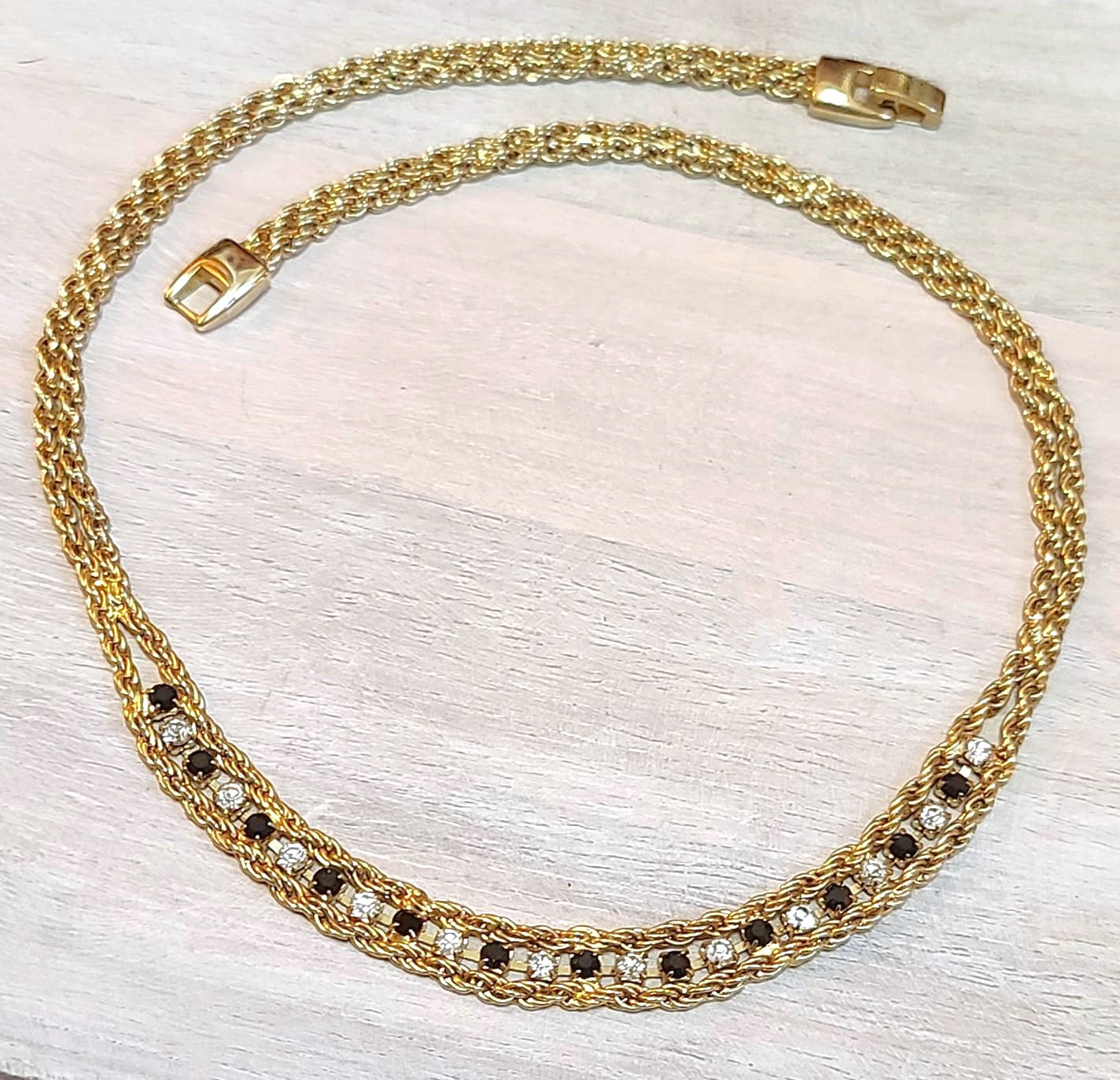 Rhinestone chain link necklace, black and white rhinestones,vintage necklace