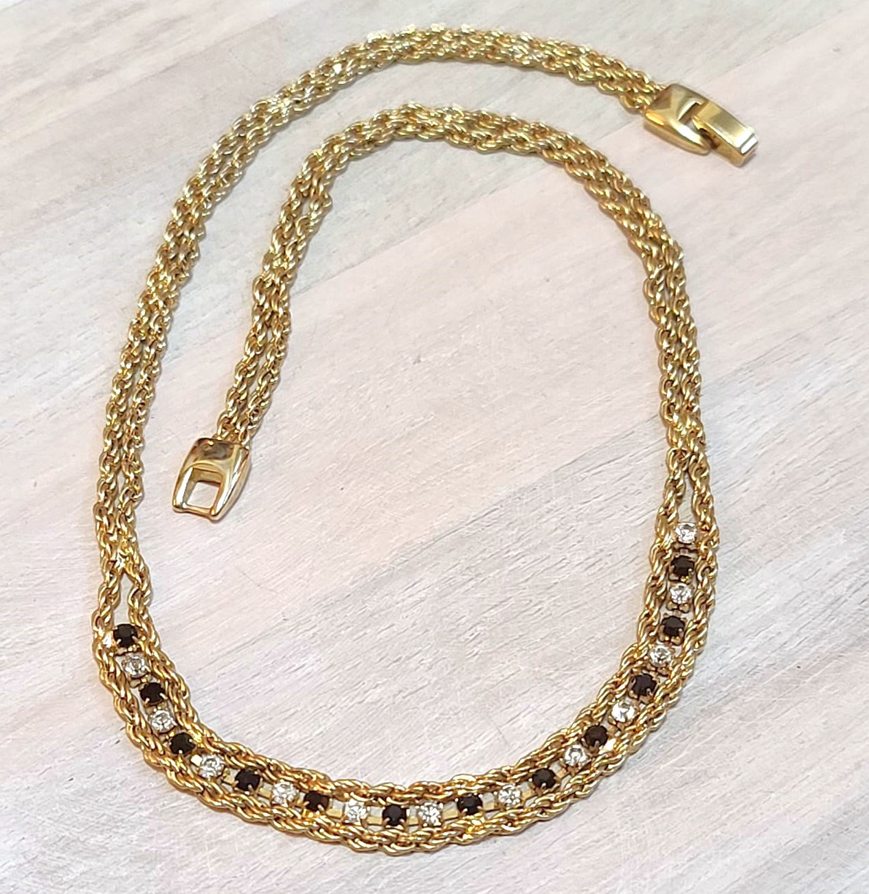 Rhinestone chain link necklace, black and white rhinestones,vintage necklace