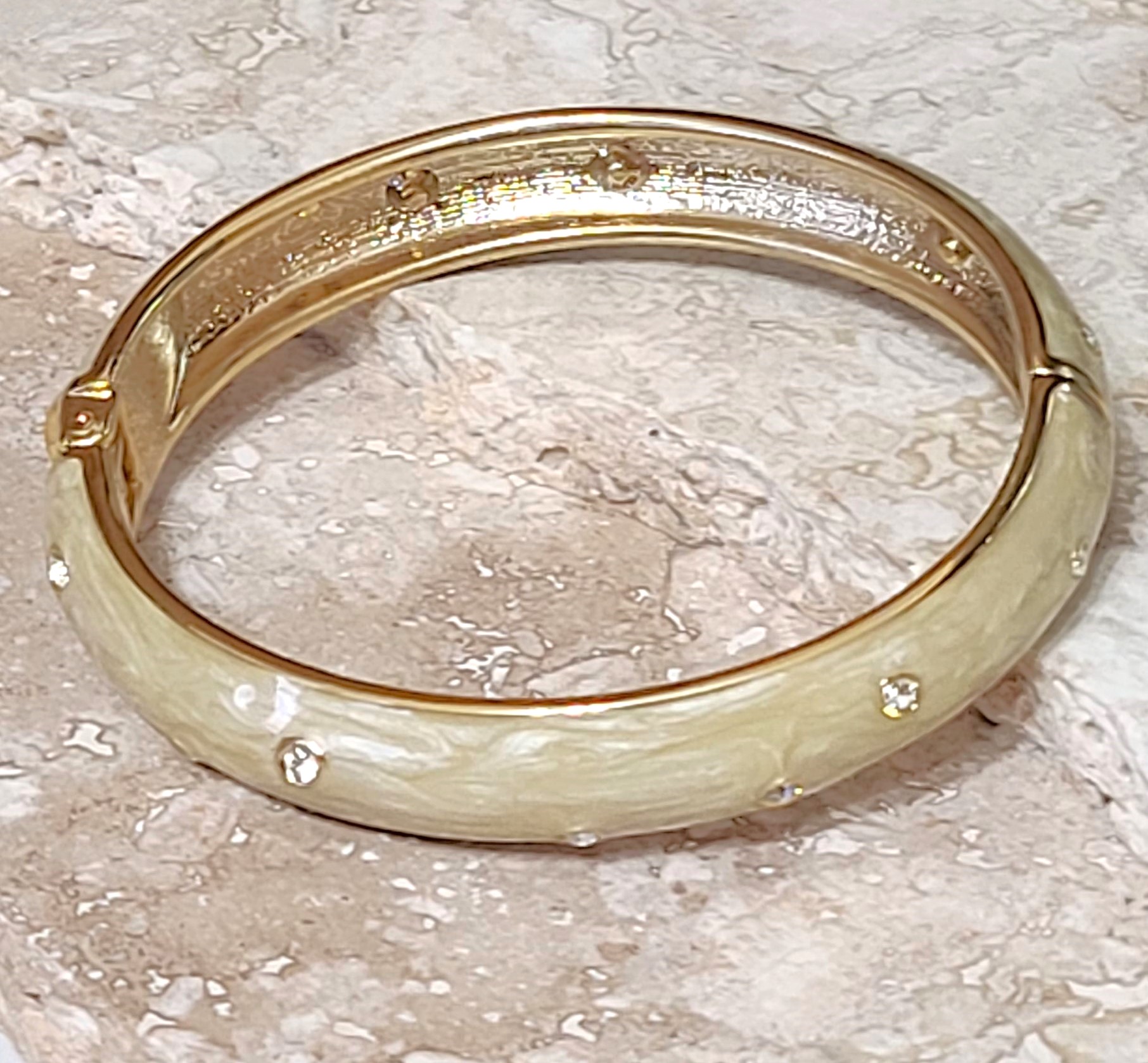 Enamel bracelet with cubic zirconia, oval bangle, cream color