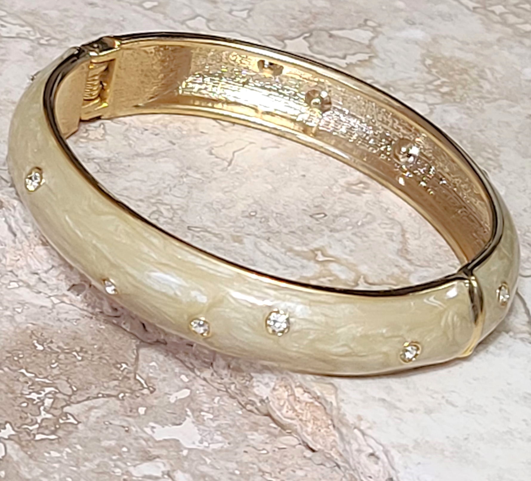 Enamel bracelet with cubic zirconia, oval bangle, cream color