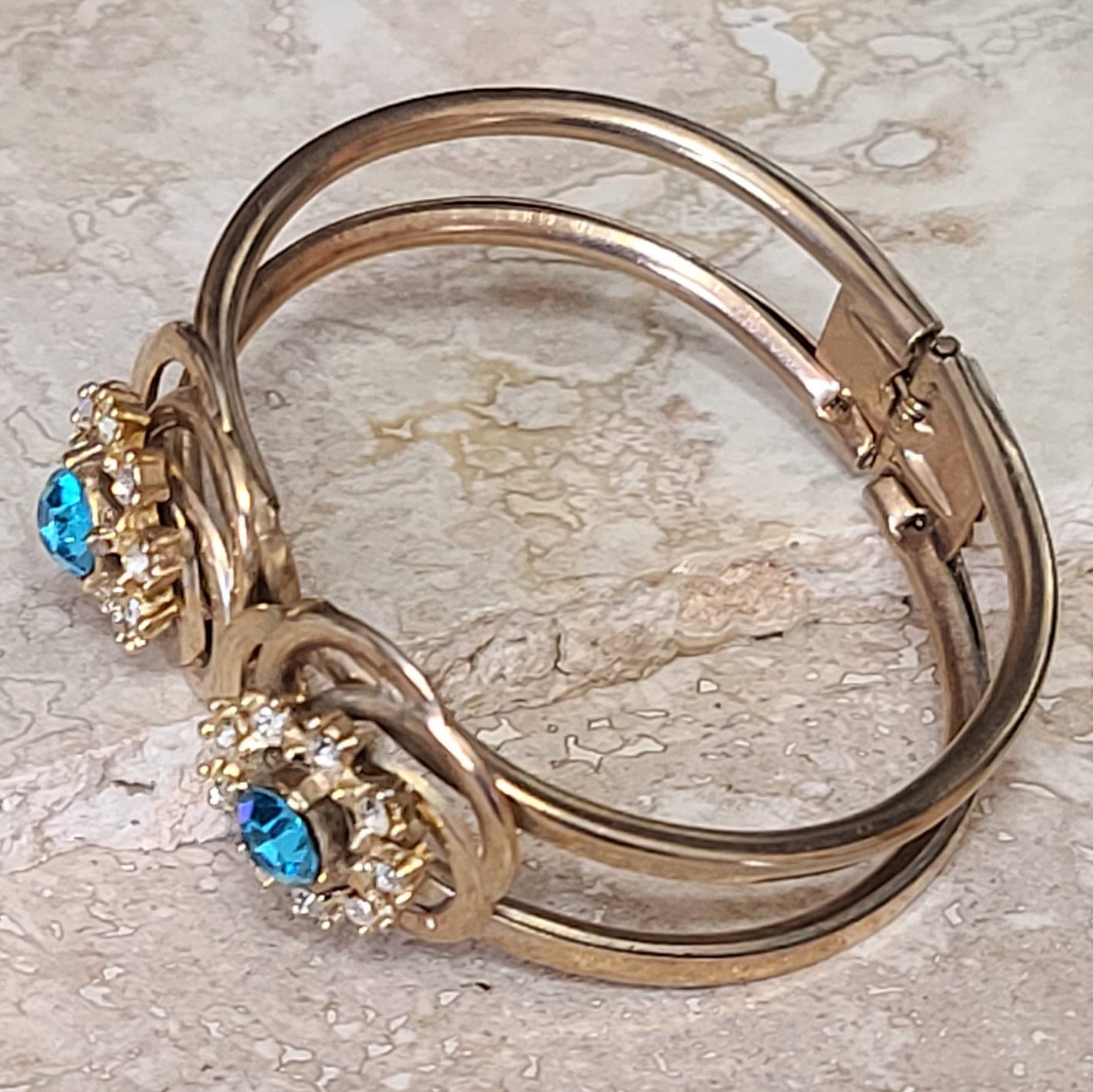 Turquoise rhinestone bracelet, vintage bracelet, clamp style bracelet