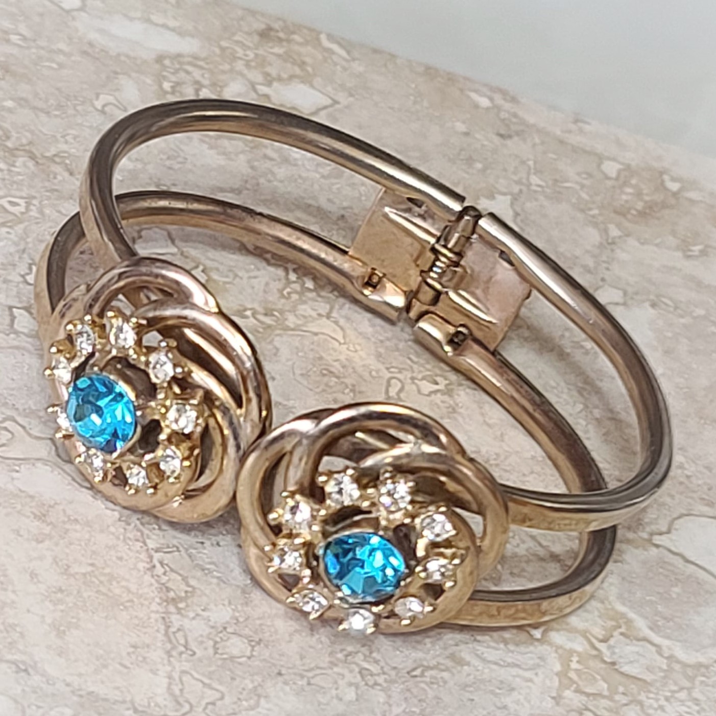 Turquoise rhinestone bracelet, vintage bracelet, clamp style bracelet
