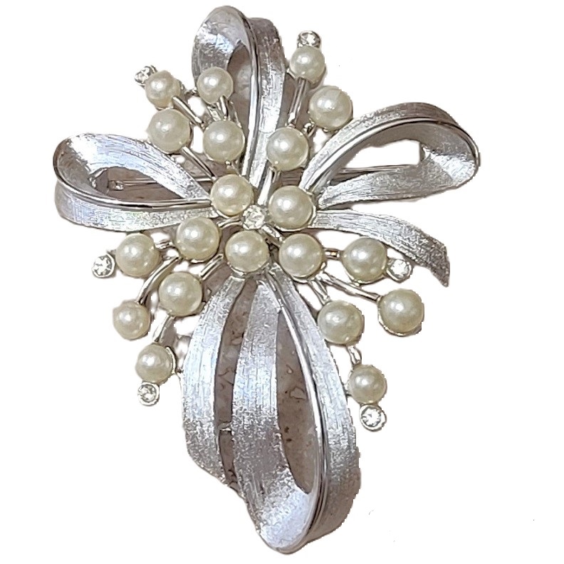 Trifari designer pin, vintage, brushed silvertonne with pearl accents