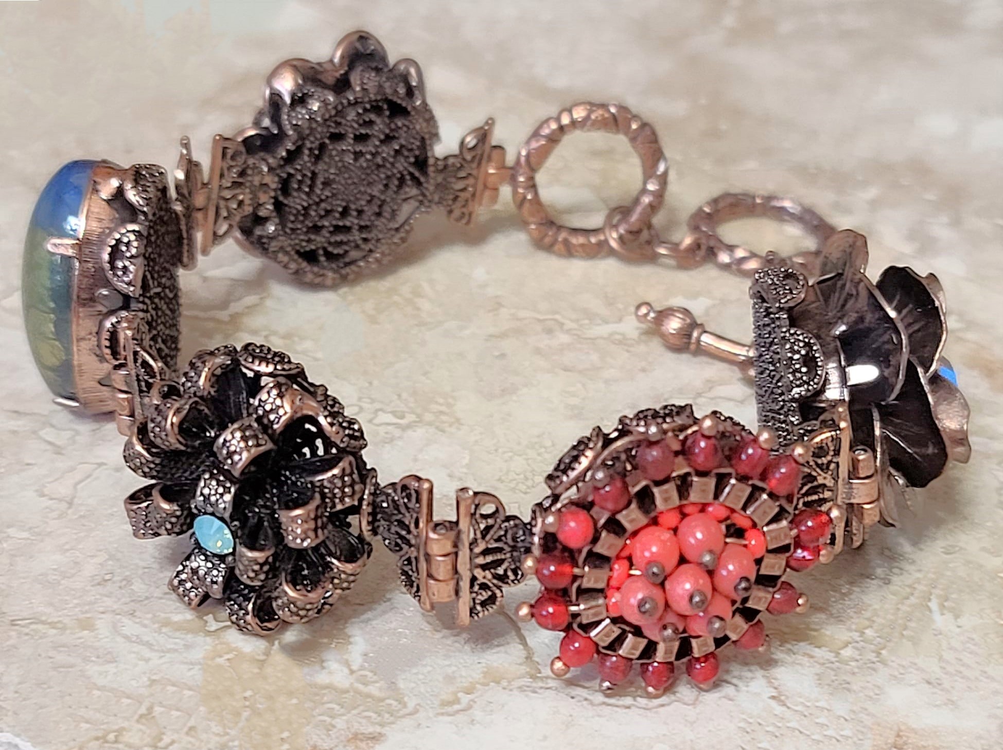 Victorian style bracelet, flower cabachons with rhinestones and beads