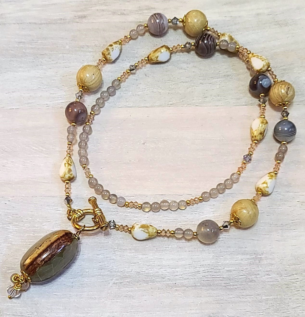 Gemstone lariat necklace, agate gemstone, crystals, handcrafted