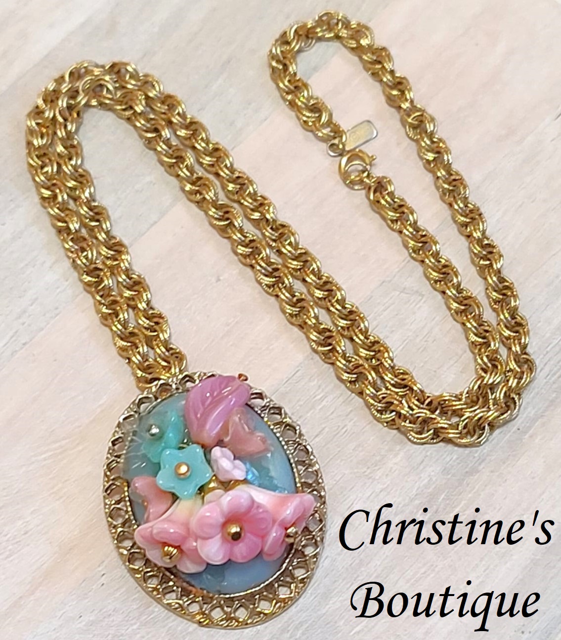 Designer Monet necklace, glass floral 3d pendant on thick goldtone weave chain, vintage statement necklace