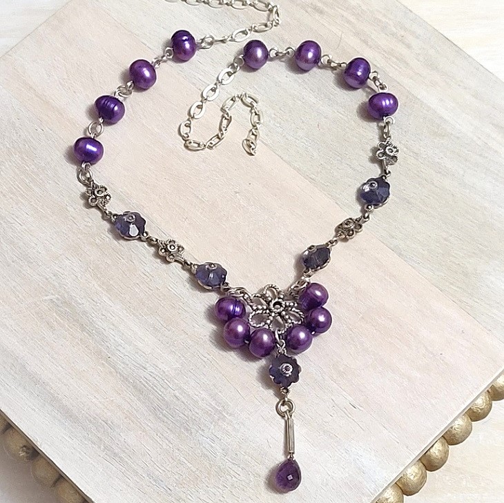 Amethyst, Fresh Water Pearls, Marcasite Sterling Silver Necklace