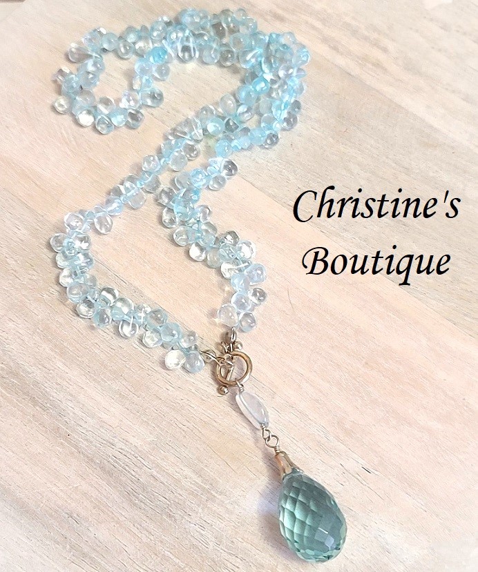 Blue topaz necklace, lariat necklace with teardrop faceted glass pendant, sterlilng silver