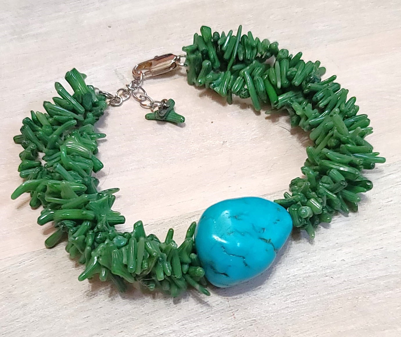 Coral bracelet, dyed green coral with center nugget,multi strand chunky bracelet