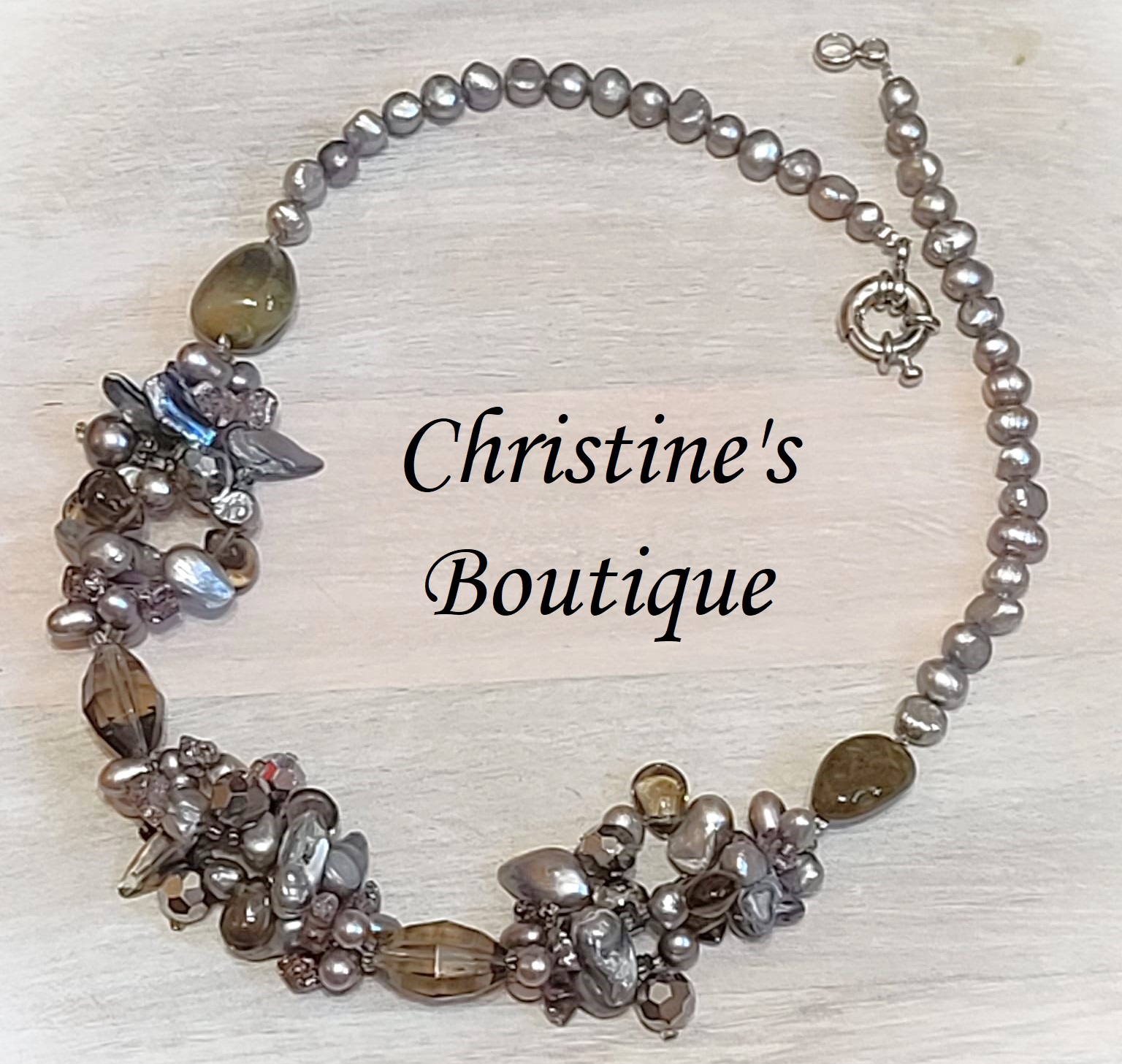 Pearl, Smokey Quartz Gemstone & Glass Cluster Necklace - Click Image to Close