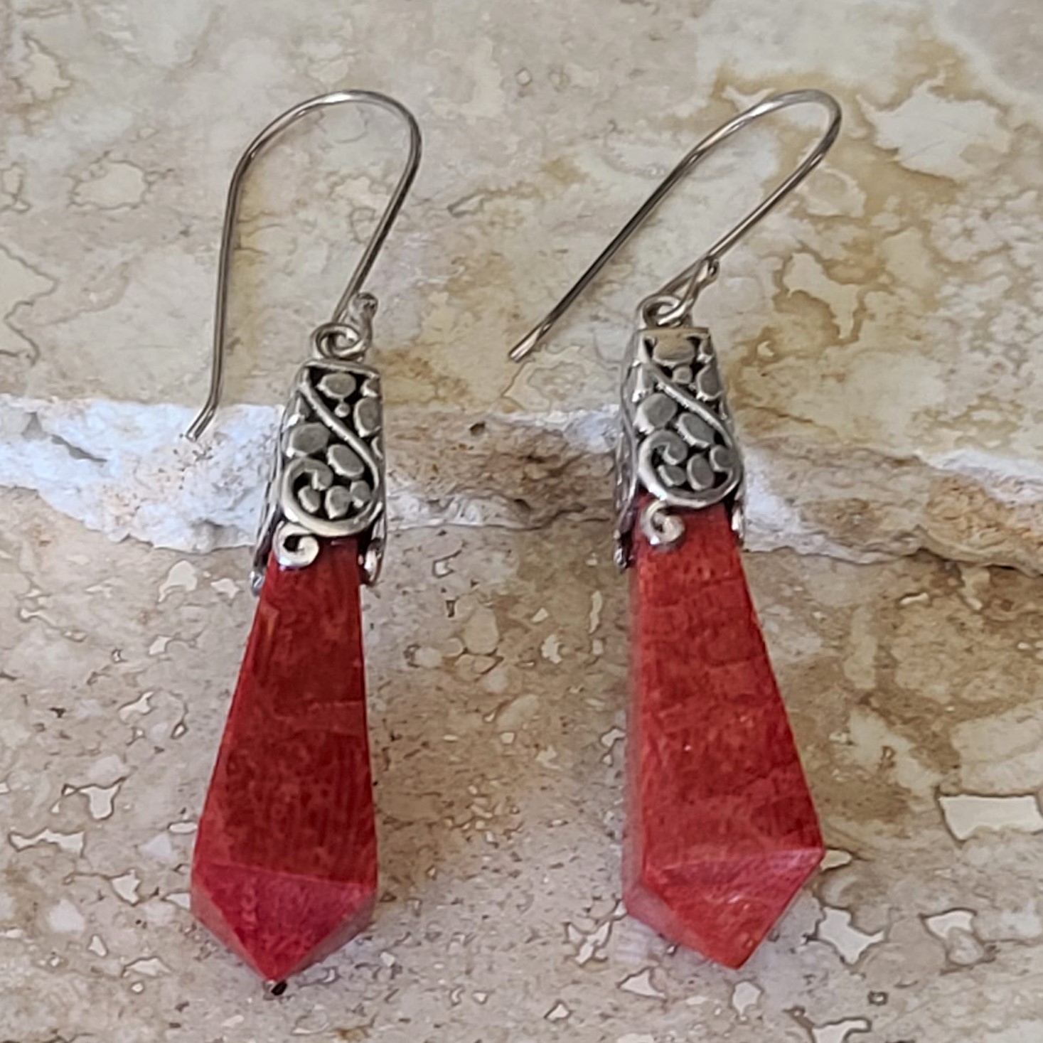 Coral & Filigree Sterling Silver Earrings Dangle 1 1/2"