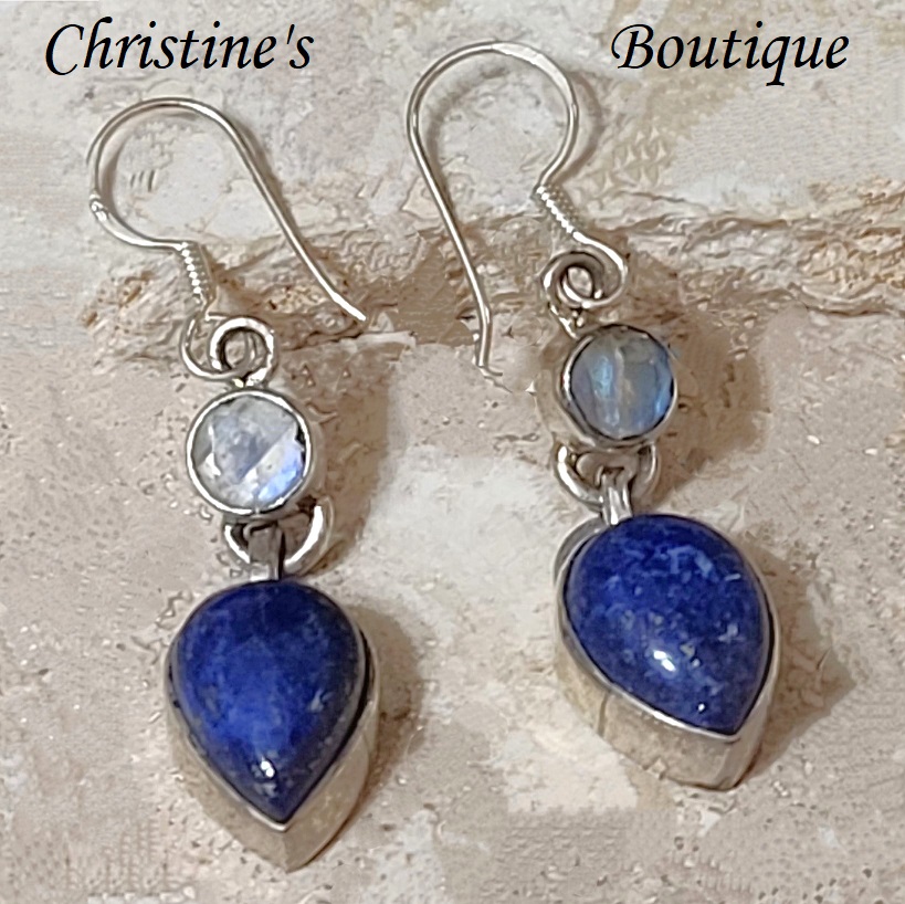 Blue Lapis and moonstone earrings, set in 925 sterling silver - Click Image to Close