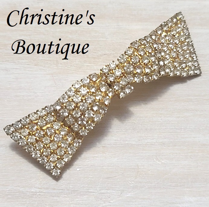 Rhinestone bow hair clip, vintage pave rhinestones in goldtone setting