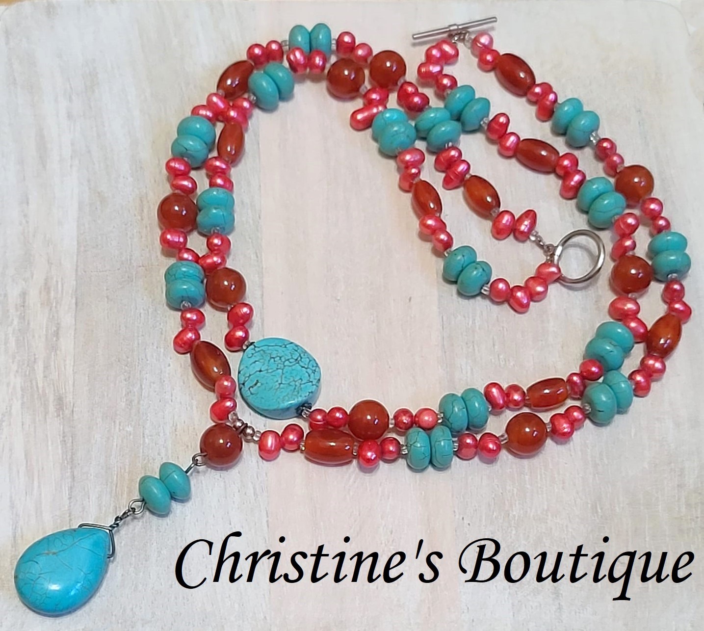 Red Agate & Turquoise Gemstone & Pearl 2 Strand Necklace - Click Image to Close
