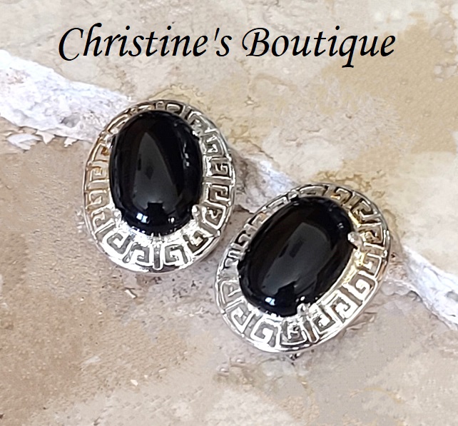 Onyx Gemstone Chinese Design 925 Sterling Silver Earrings - Click Image to Close