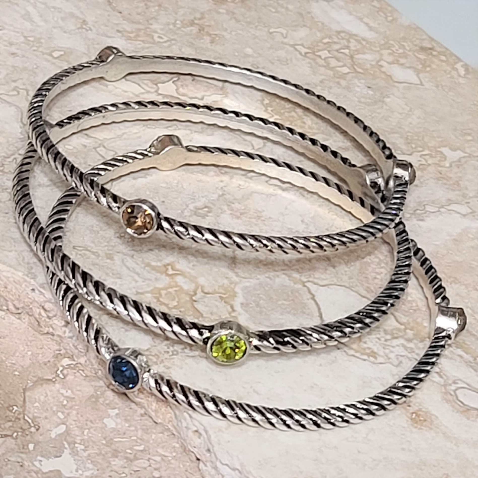 Set of 3 Oxidized Twisted Bangle Bracelets with Rhinestones - Click Image to Close