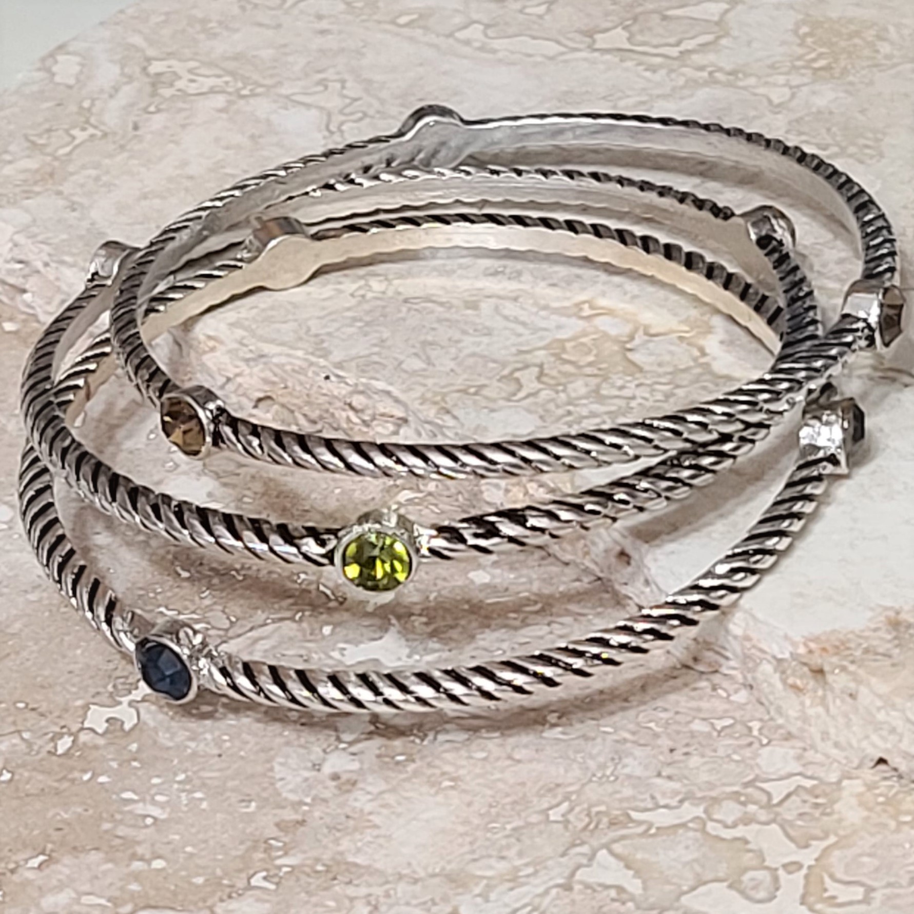 Set of 3 Oxidized Twisted Bangle Bracelets with Rhinestones