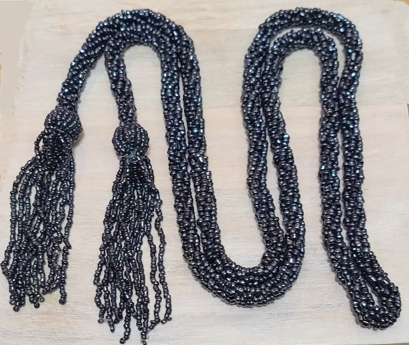 Glass seed bead rope style belt lariat - dark metallic gray