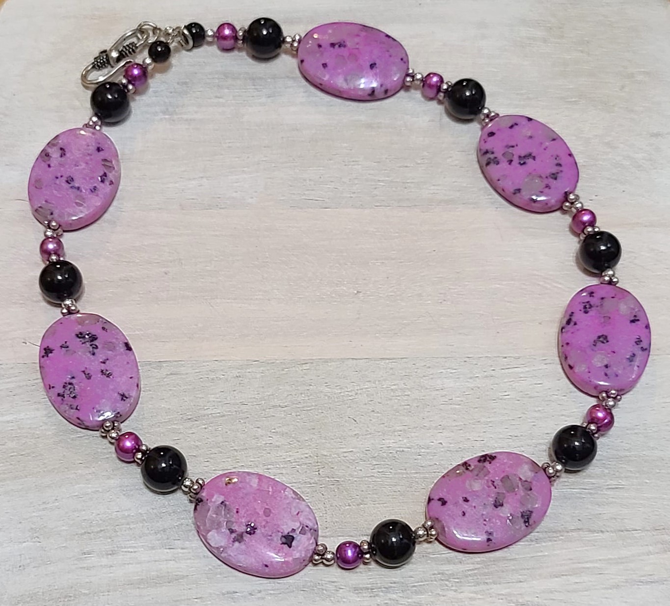 Gemstone necklace, handcrafted, violet damation jasper, onyx, freshwater pearls w/sterling silver clasp