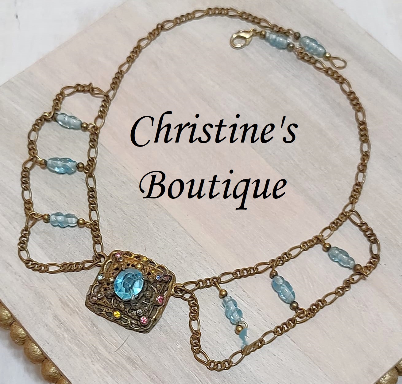 Vintage Blue Topaz Rhinestone & Glass Princess Necklace