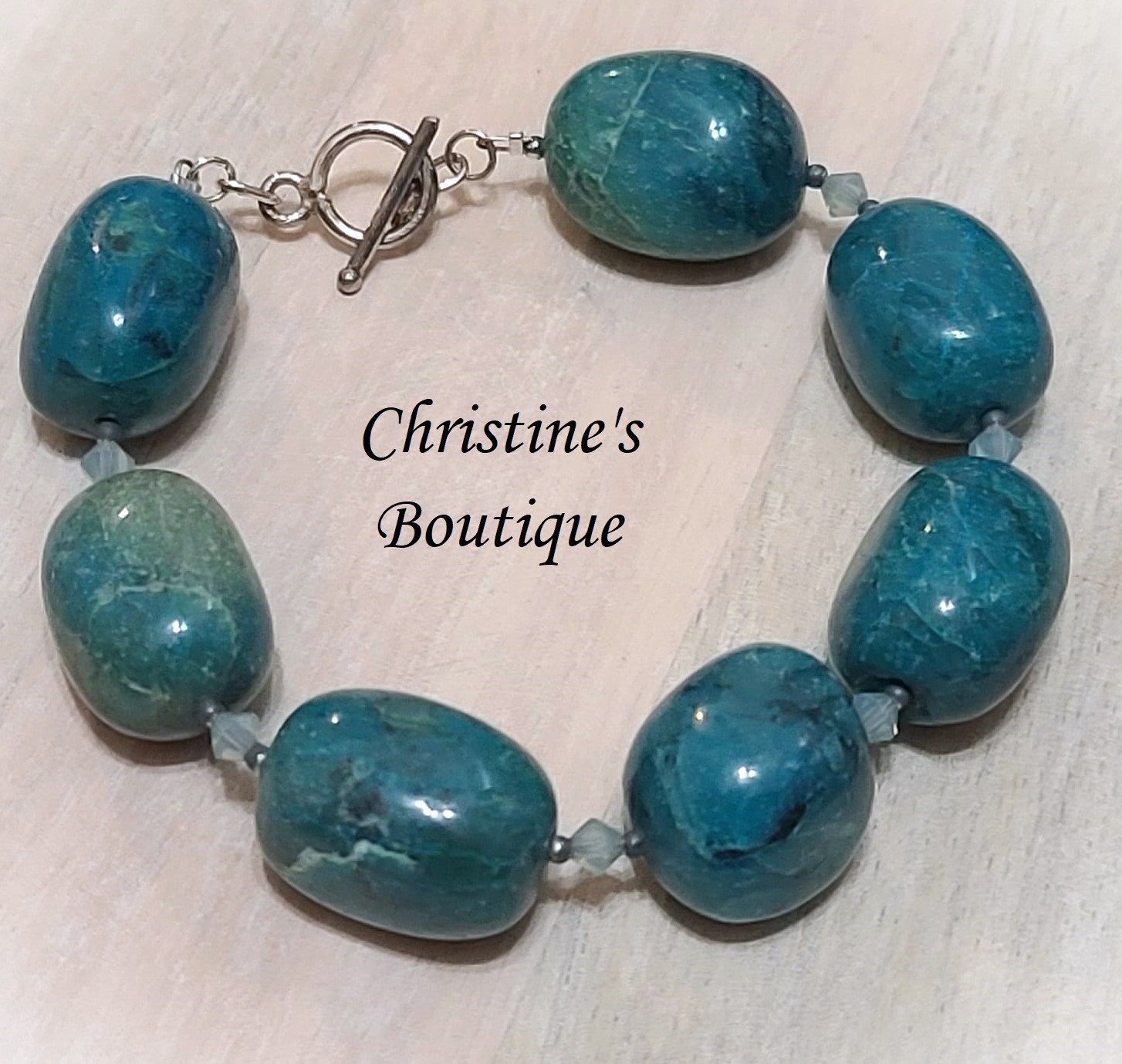 Chrysocolla bracelet with crystal accents, sterling silver