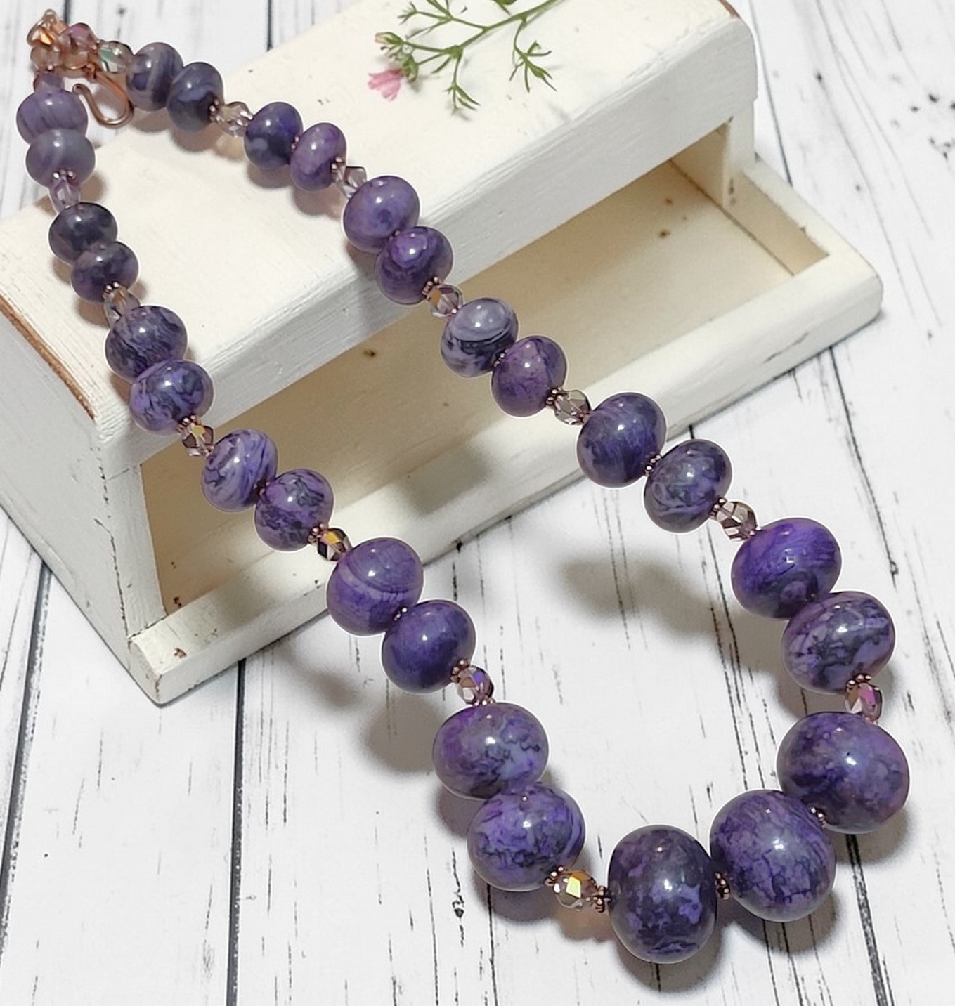 Purple Agate Gemstone Necklace with Crystal and Copper Accents Purple Agate Gemstone Necklace with Crystal and Copper Accents
