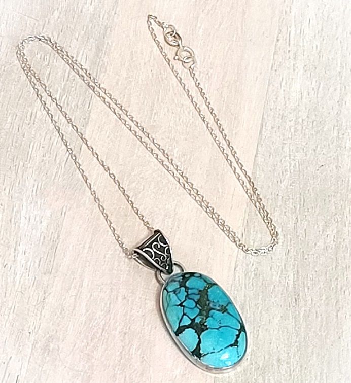 Turquoise pendant necklace, 925 sterling silver and chain
