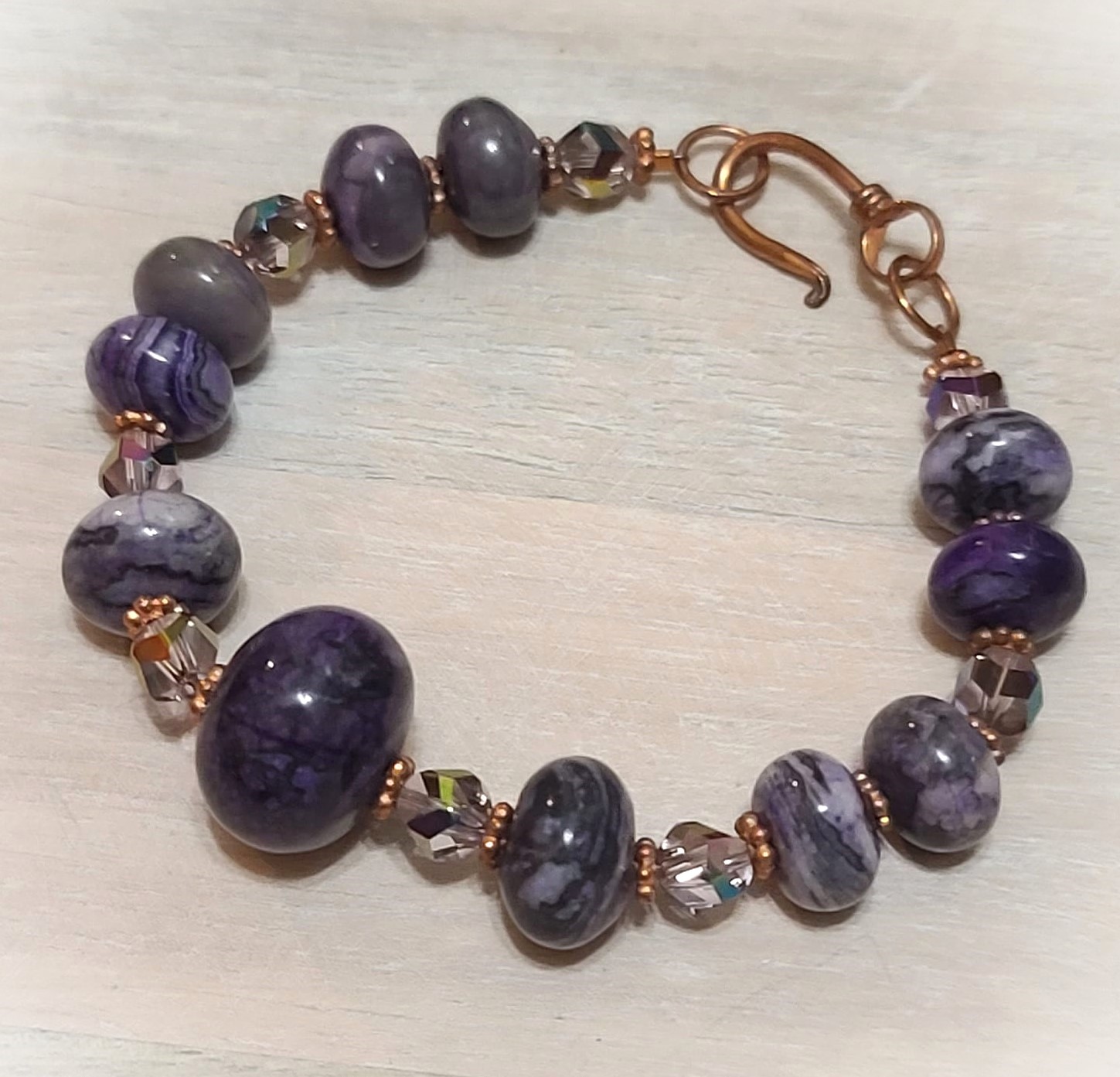 Purple agate bracelet, gemstone beads, crystal accents w copper