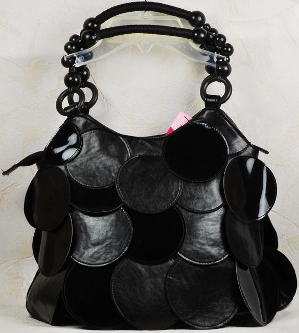 Black Circle Paten Leather & Satin Finish Fashion Handbag