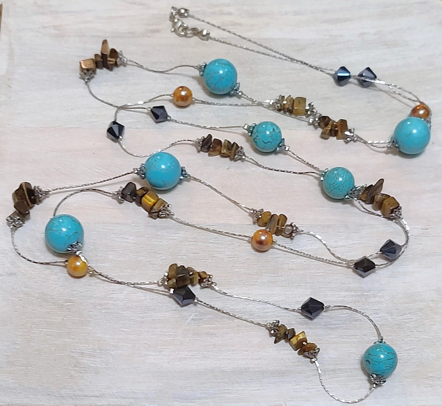 Gemstone fashion necklace, 60" long, Howalite, turquoise, tiger eye and dyed pearls
