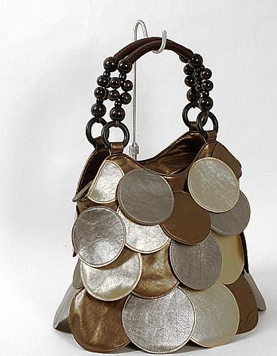 Metallic Circle Design Leatherette Handbag With Beaded Straps - Click Image to Close