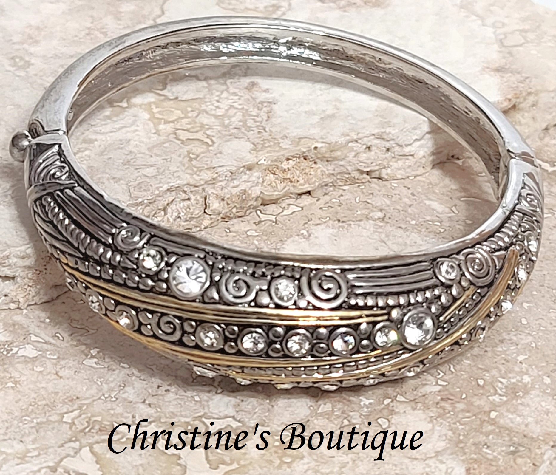 Rhinestone bangle bracelet, two tone gold and silver fashion bracelet