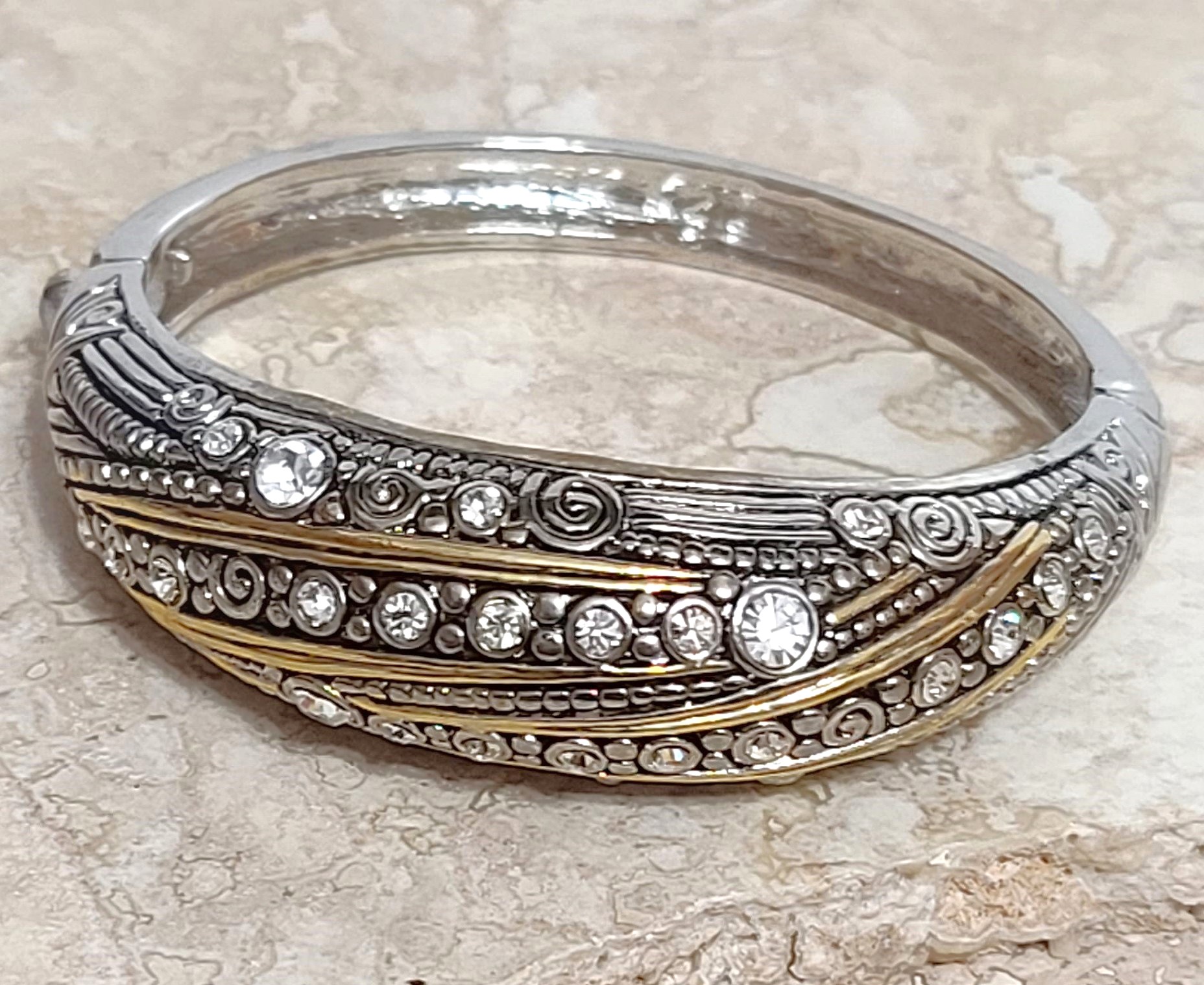 Rhinestone bangle bracelet, two tone gold and silver fashion bracelet