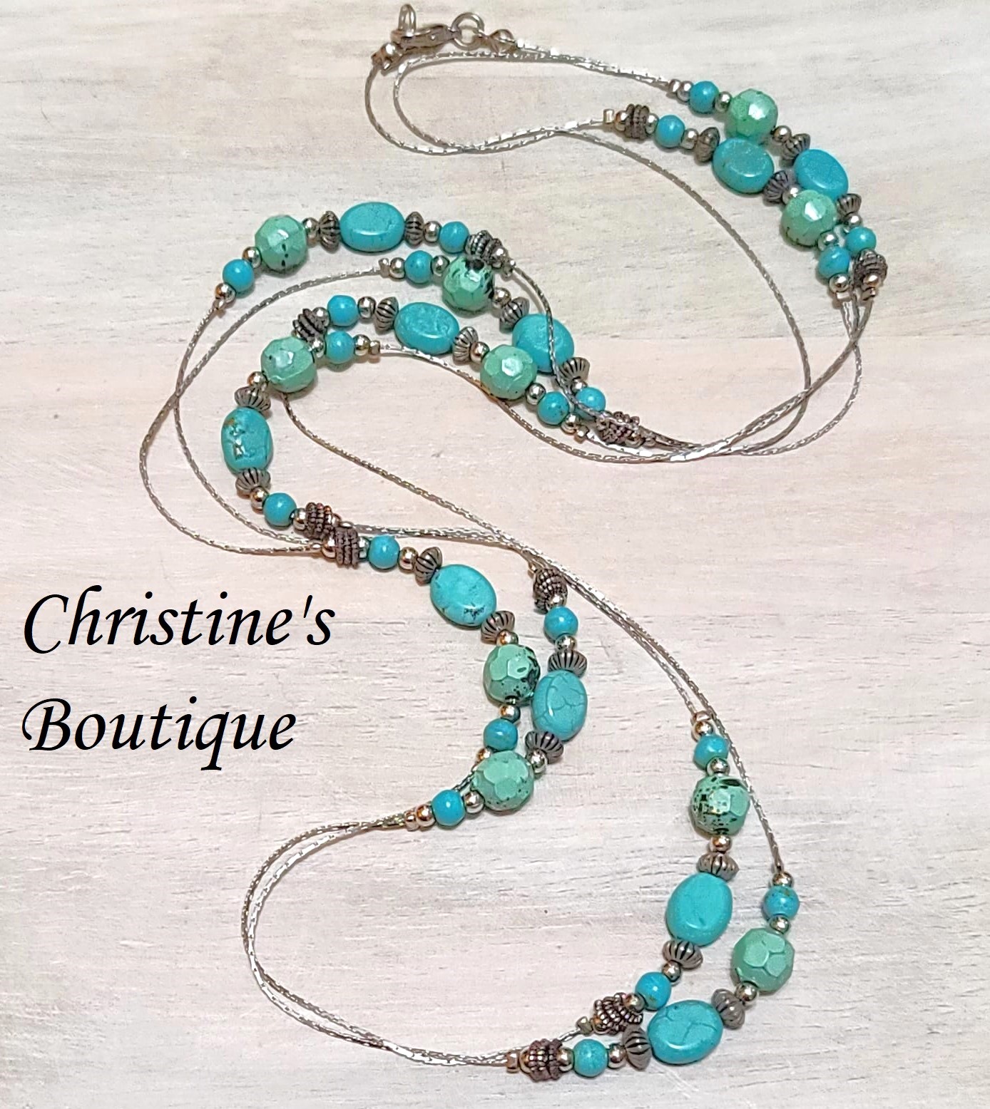 Howilite and turquoise necklace, fashion 60" gemstone long necklace - Click Image to Close