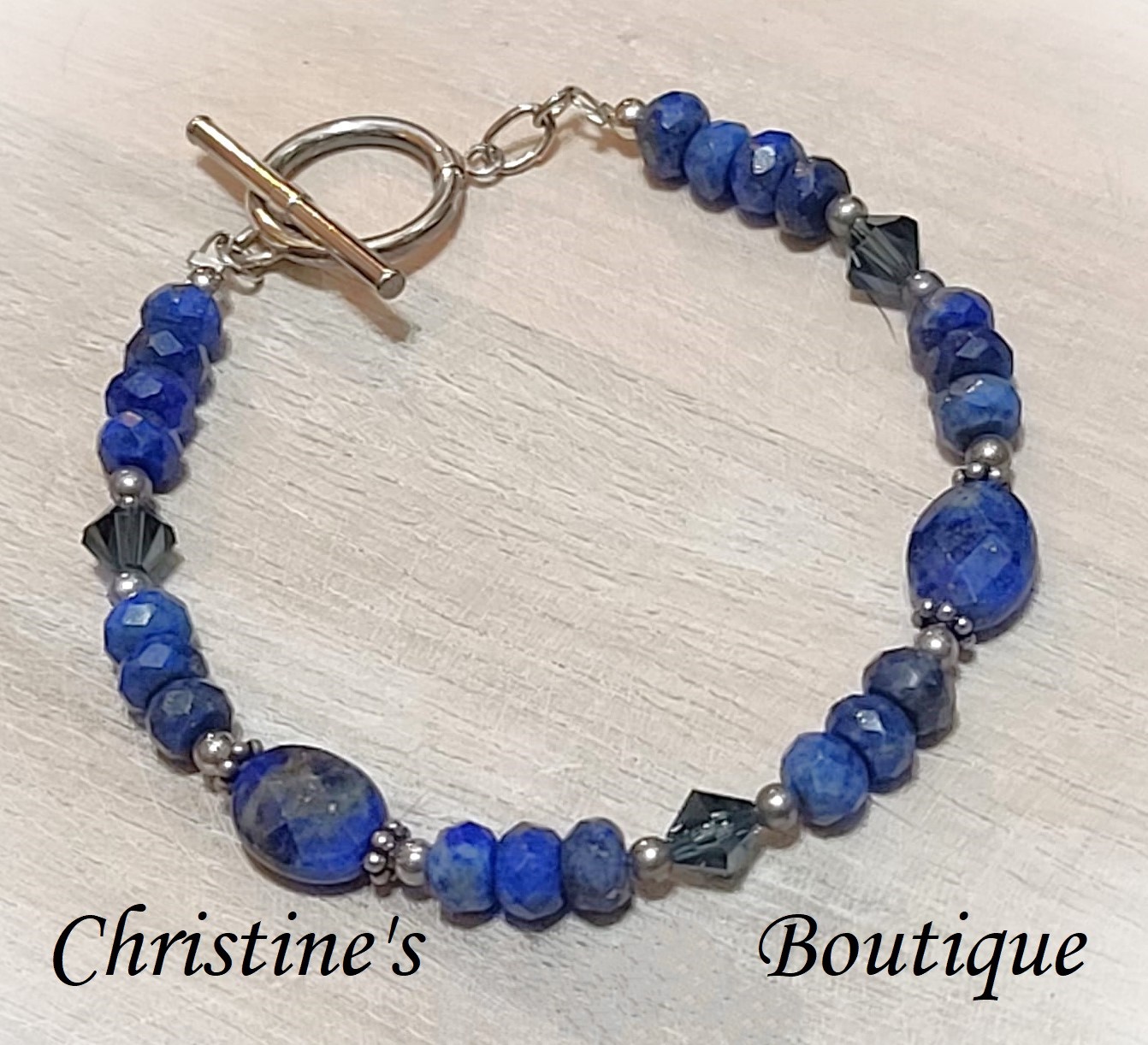 Blue Denim Lapis, Austrian Crystals 925 Sterling Silver Bracelet - Click Image to Close