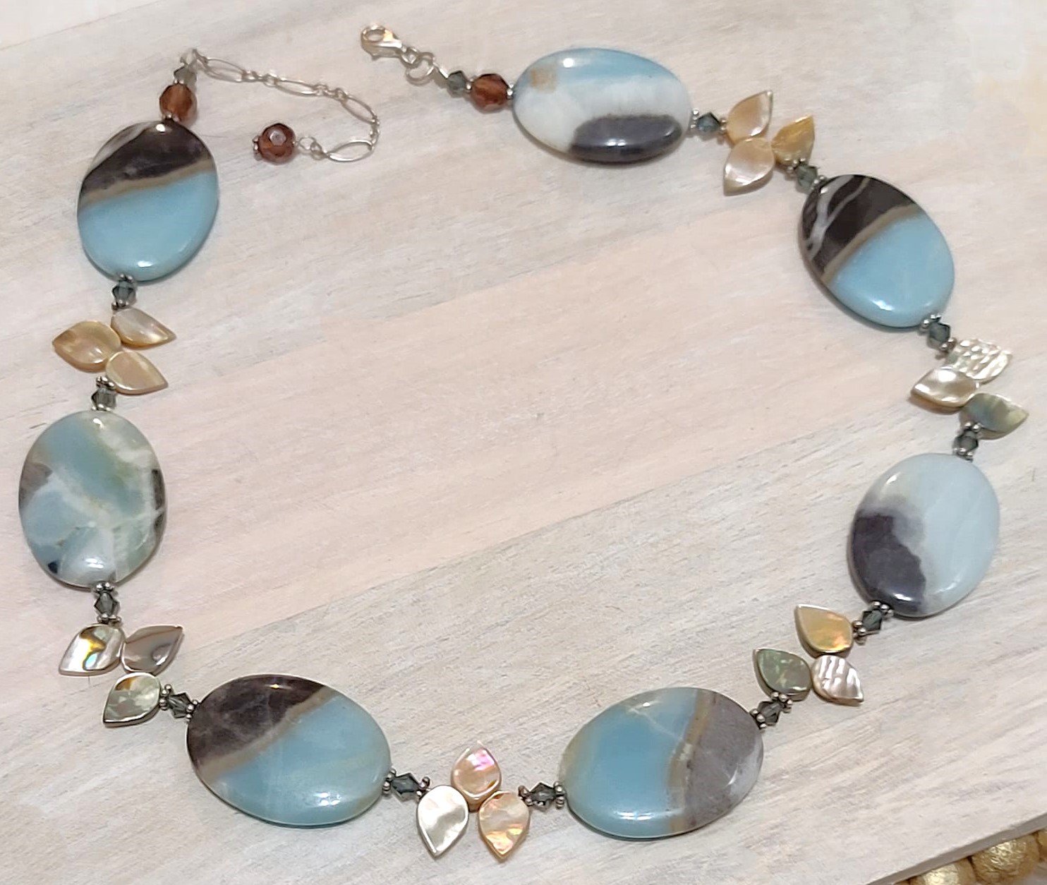 Gemstone necklace, amazonite, abalone shell, austrian crystals accents with sterling silver clasp/extender