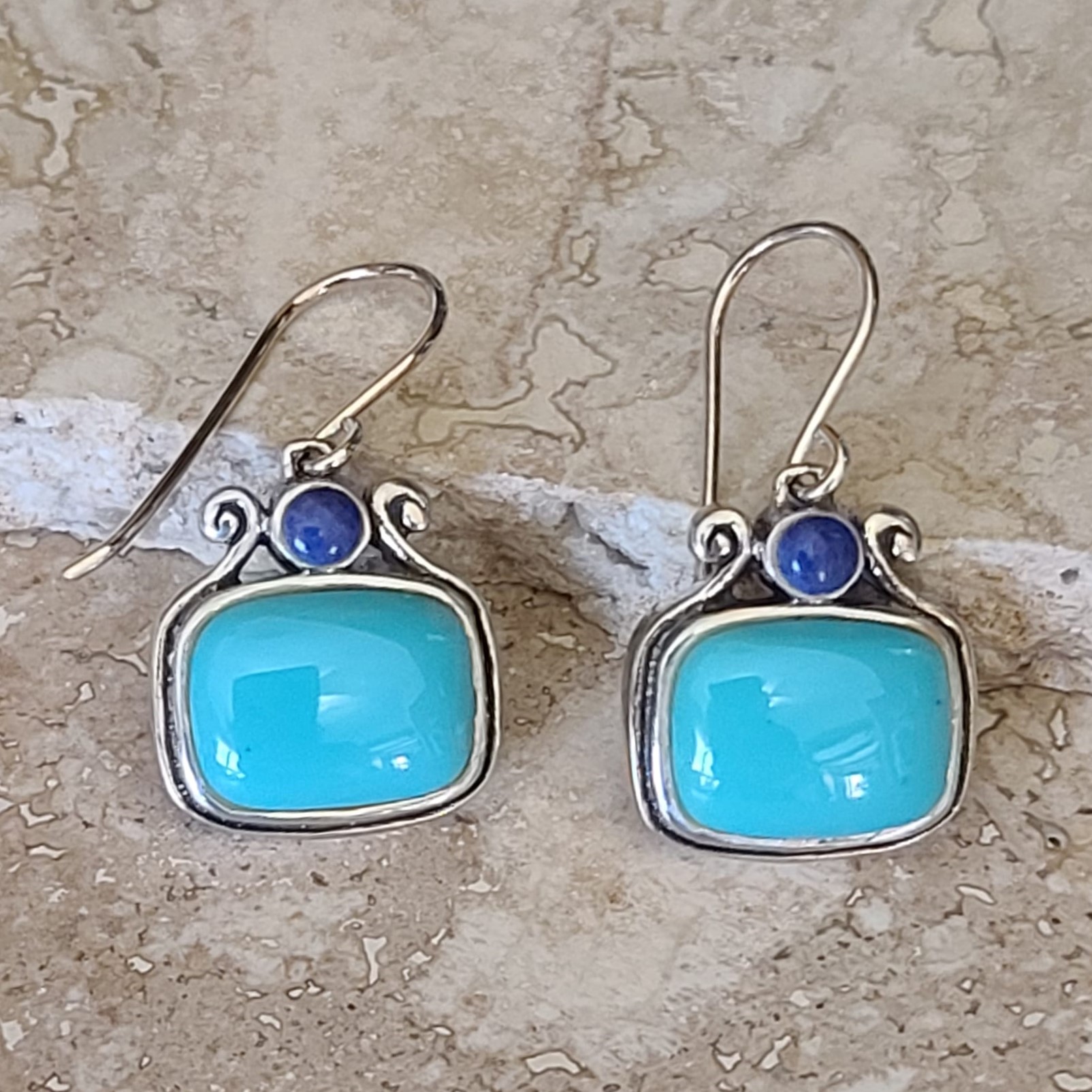 Lapis & Turquoise Gemstone 925 Sterling Silver Square Earrings