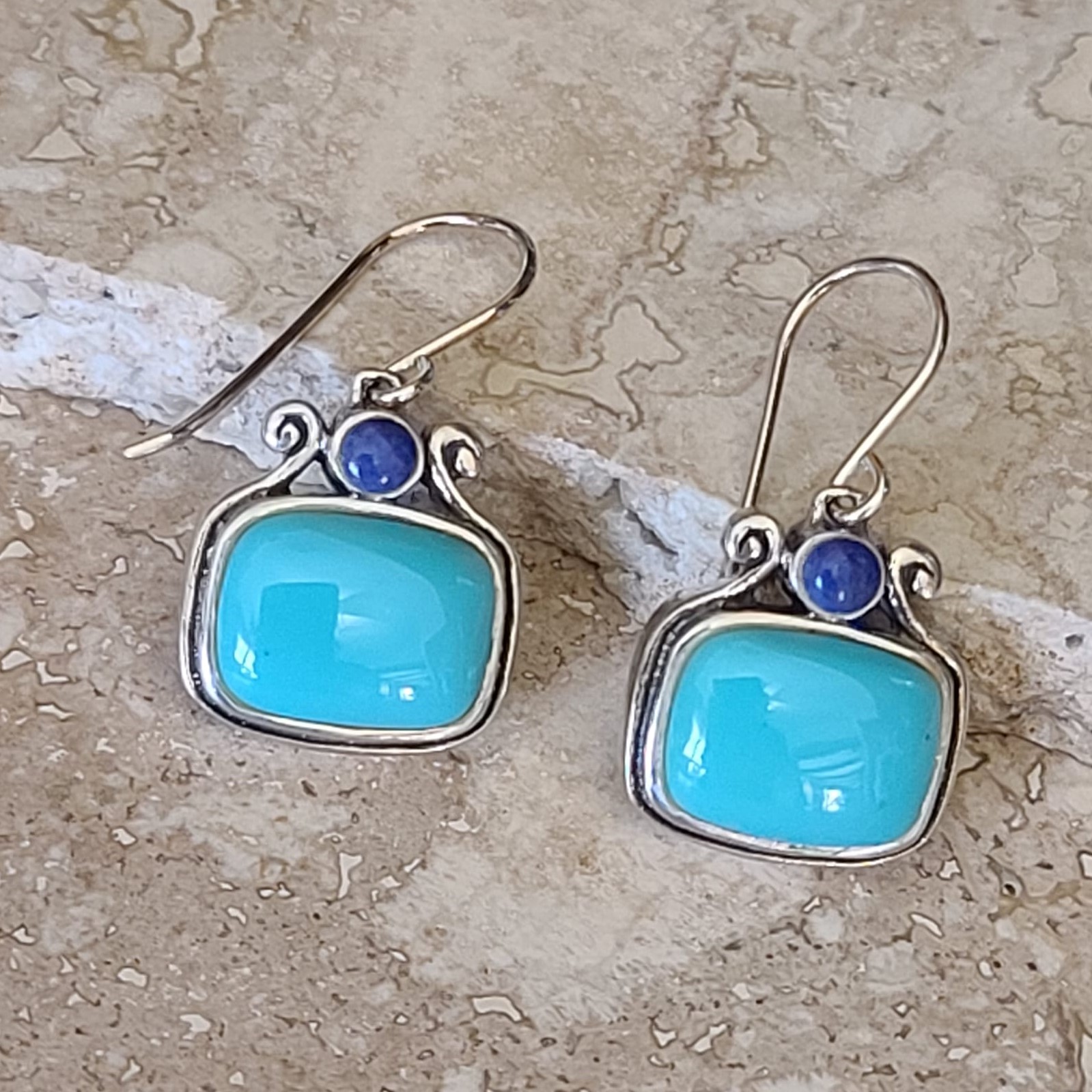 Lapis & Turquoise Gemstone 925 Sterling Silver Square Earrings