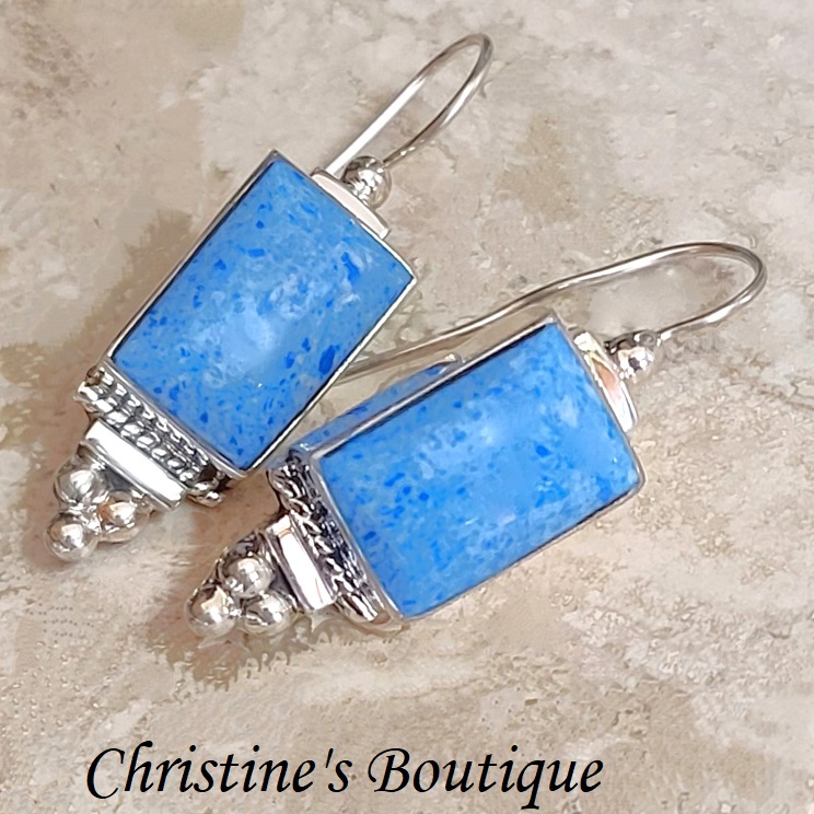 Blue demin lapis earrings, gemstone, set in 925 sterling silver