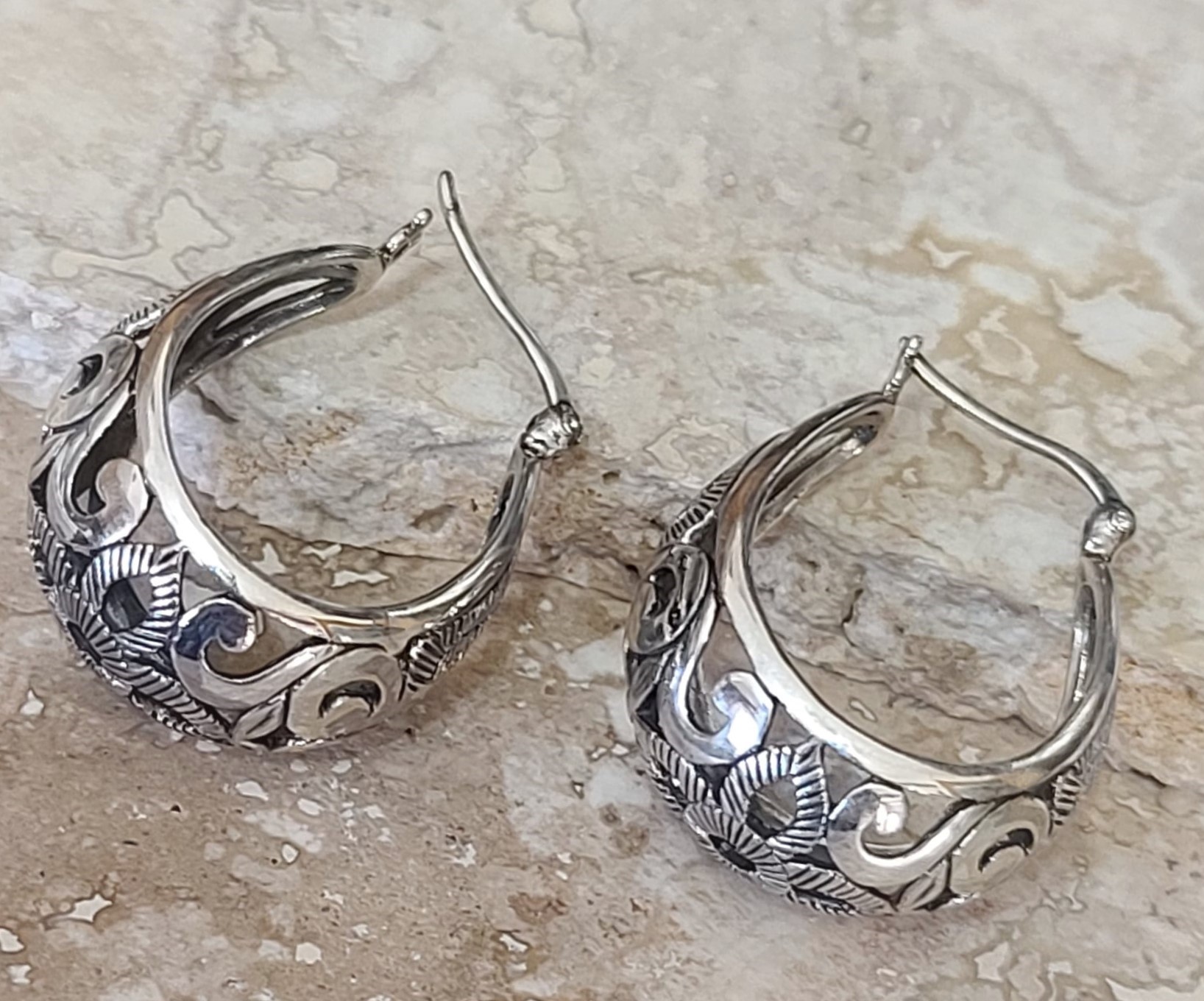 Rhodium Plated Sterling SilverScroll Floral Design Hoop Earrings