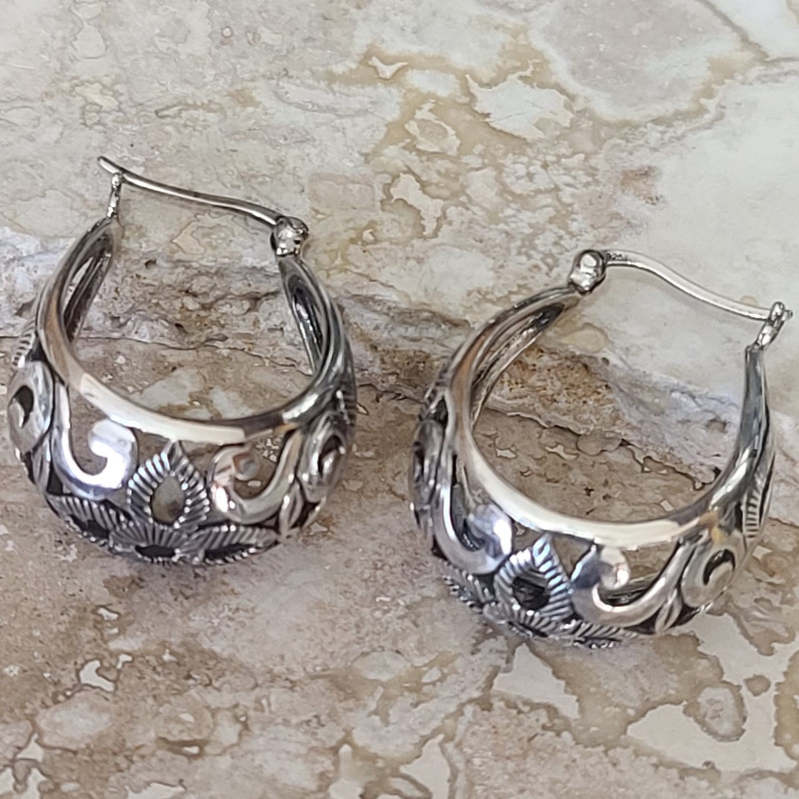Rhodium Plated Sterling SilverScroll Floral Design Hoop Earrings