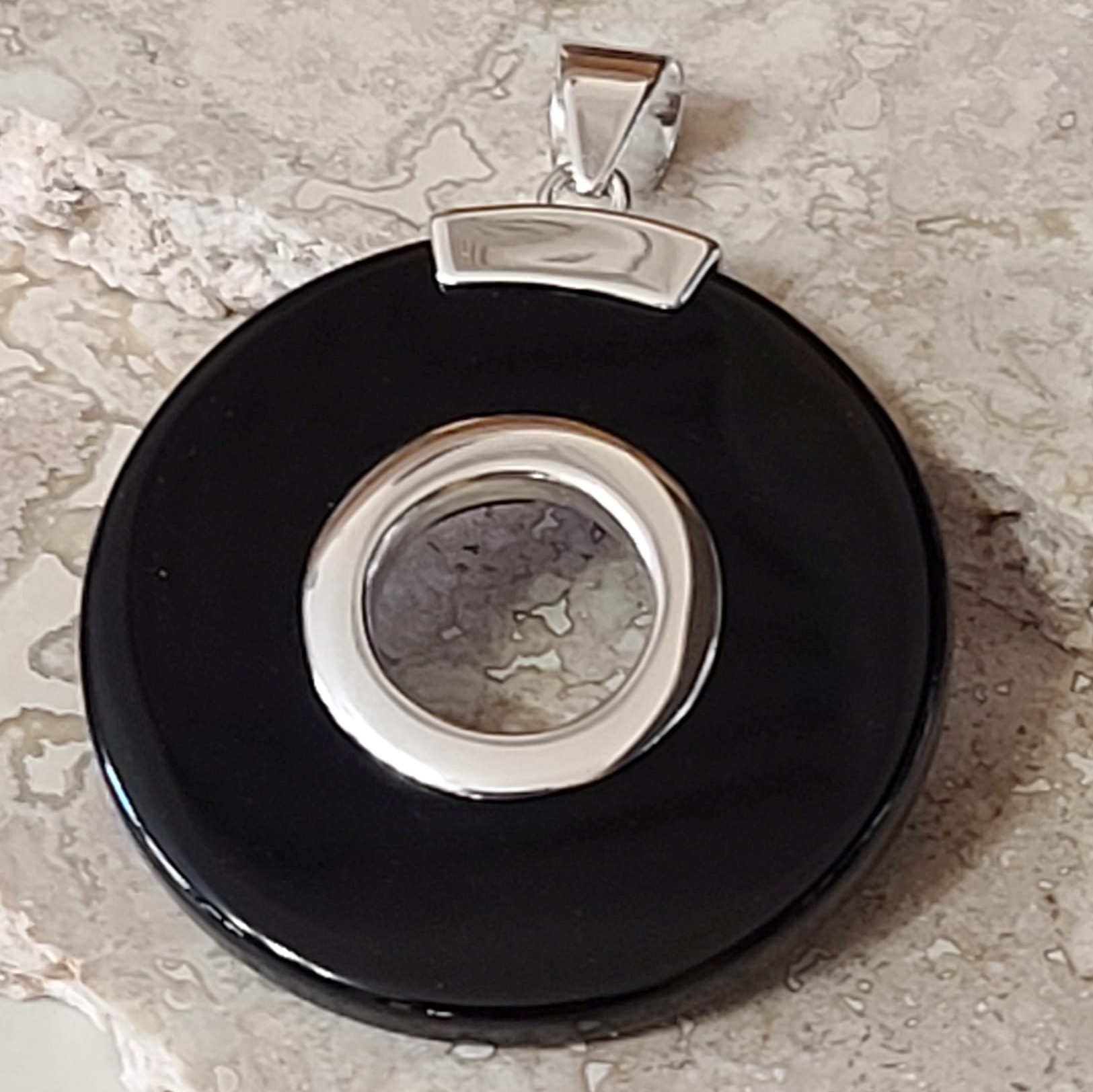 Black Onyx and 925 Sterling Silver Cut out Disc Pendant
